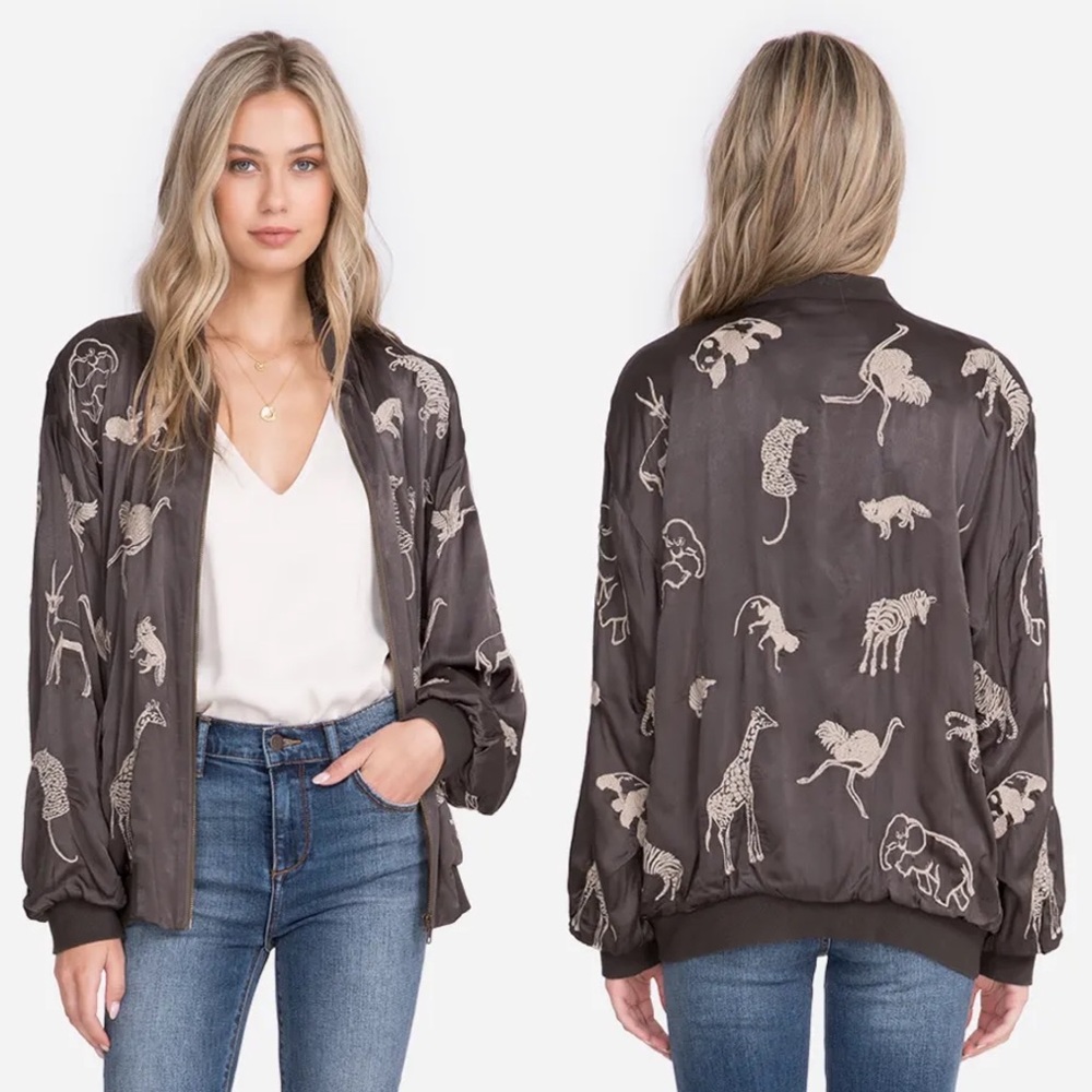 NWT Johnny Was Fauna Animal Embroidered Satin Bomber Jacket - Picture 1 of 7